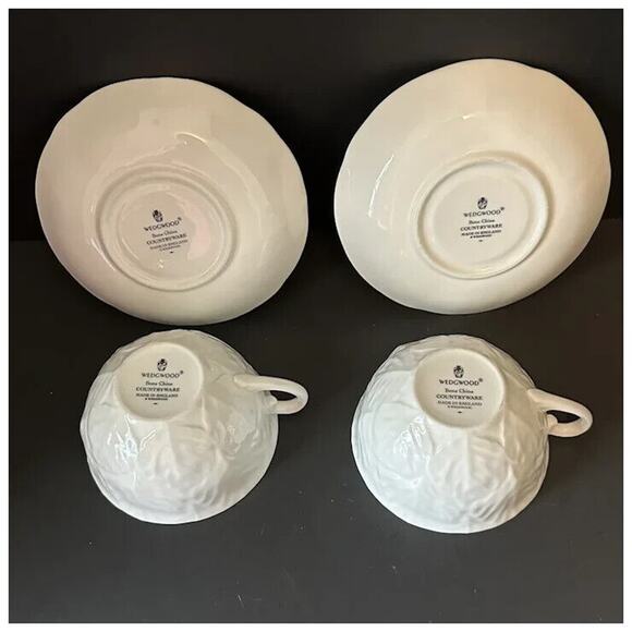 WEDGWOOD Countryware Flat Cup &Saucer Set of 2 All White Embossed Leaves No Trim - Picture 3 of 13
